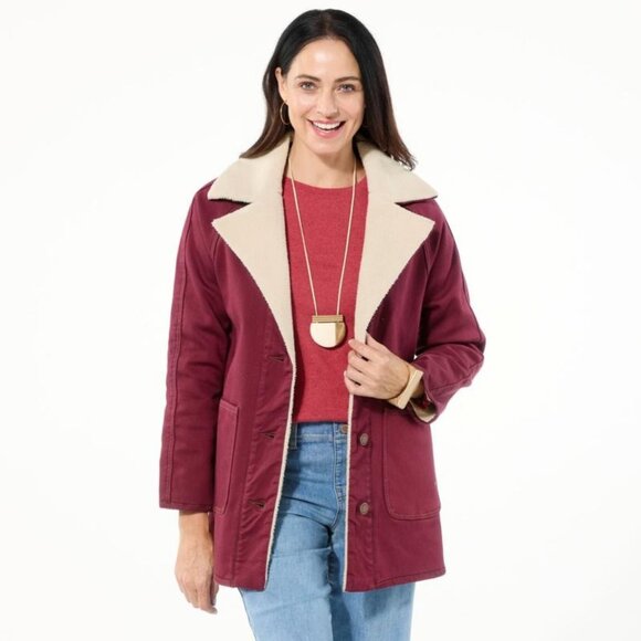 DG2 by Diane Gilman Vintage Style Denim Sherpa Coat Size Medium Wine Relaxed NEW - Picture 1 of 7